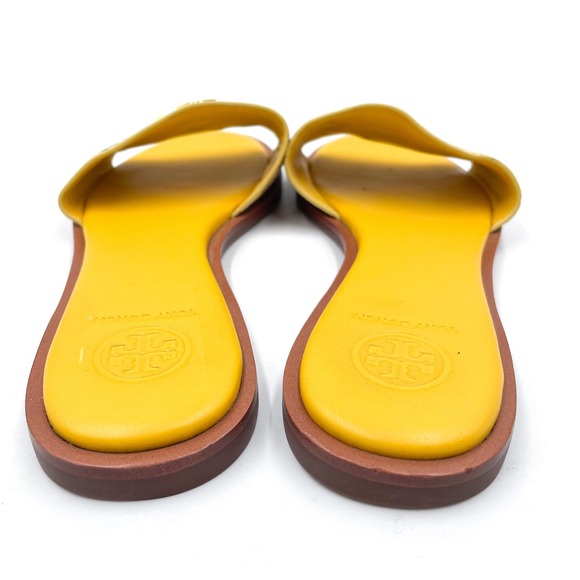 Tory Burch Everly Floral Slides Sandals Yellow Leather Flat Gold Logo Size 7 - Picture 7 of 9